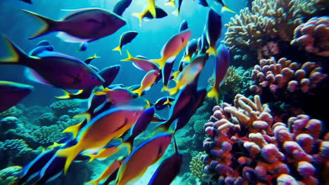 colorful fish schooling in coral reef