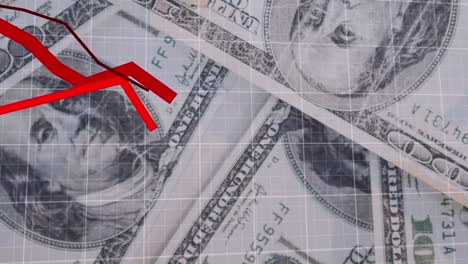 animation of red graphs moving over grid network against close up of american dollars