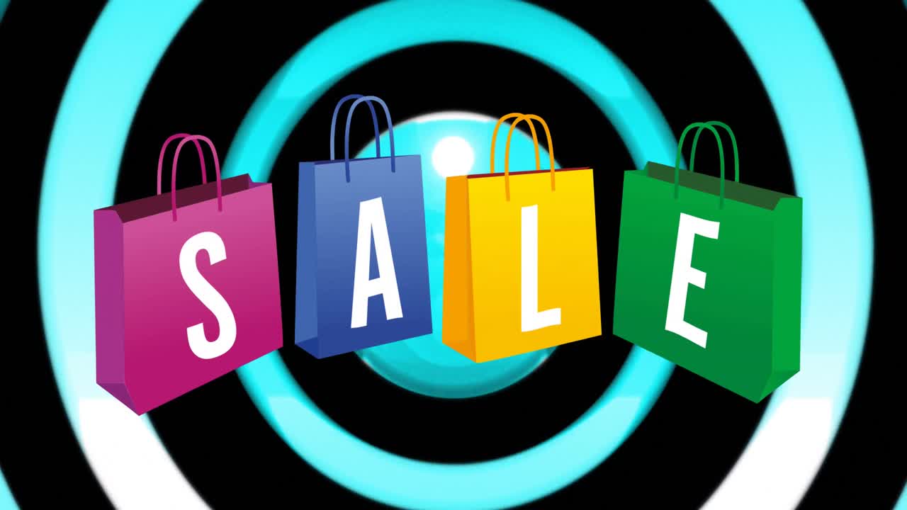 animación de círculos coloridos y venta en bolsas de compras