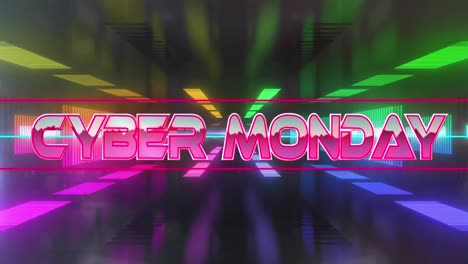 Animation-of-cyber-monday-text-between-lines-over-illuminated-lines-forming-tunnel