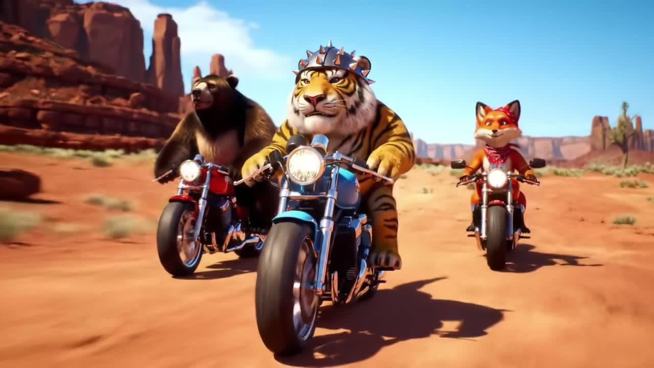 A Wild Adventure on Wheels: Animated Characters Riding Motorcycles Through a Desert Landscape with Lush Mountains and Red Rock Formations