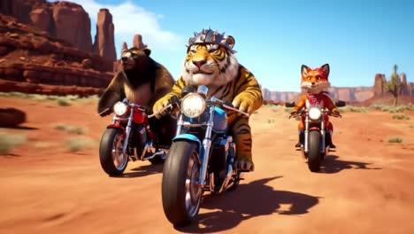 a wild adventure on wheels: animated characters riding motorcycles through a desert landscape with lush mountains and red rock formations