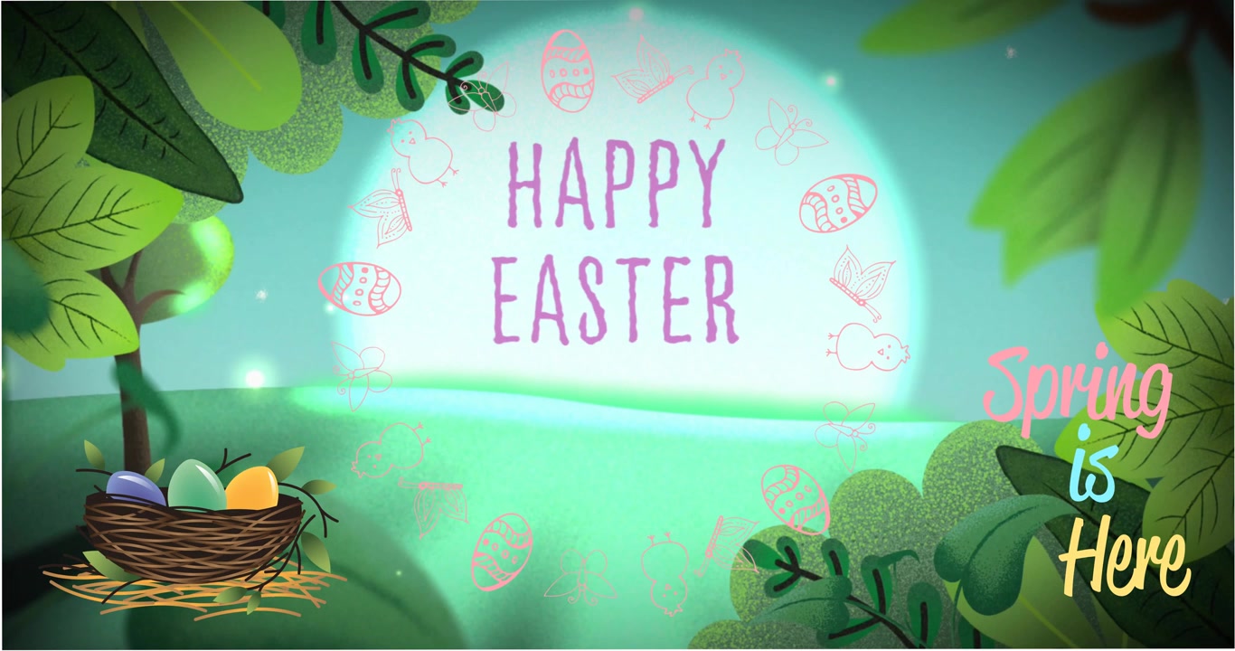 Glow growing, revealing HAPPY EASTER text, sparks drifting, doodles moving around nest for greeting