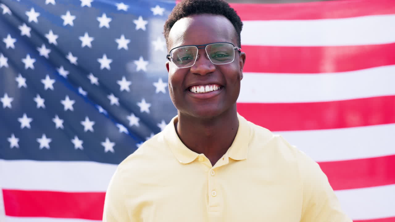 Black man, face and smile with USA