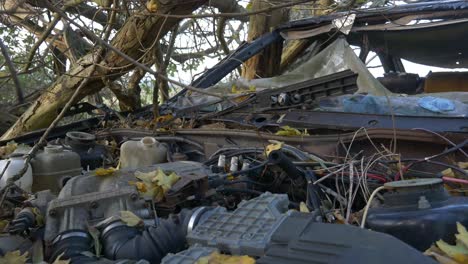 oxidación de un viejo accidente de automóvil azul abandonado que contamina el bosque remoto de londres