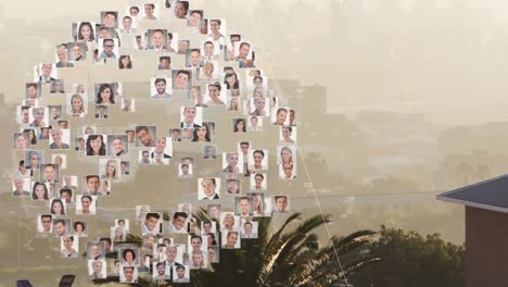 animation of globe with diverse people portraits over cityscape