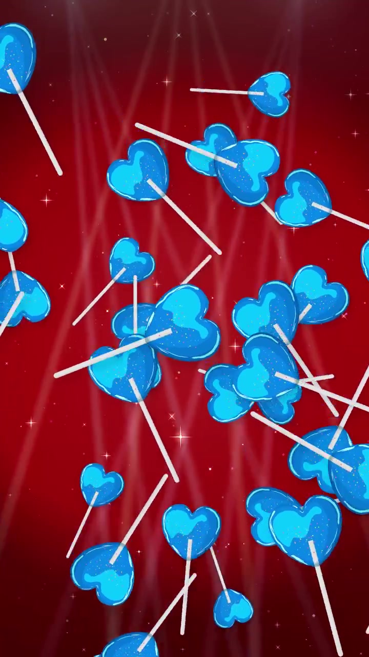 Lecca-lecca blu a forma di cuore cadono continuamente su uno sfondo rosso scintillante con raggi di luce verticali