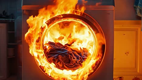 a burning washing machine in a kitchen with a fire coming out of it