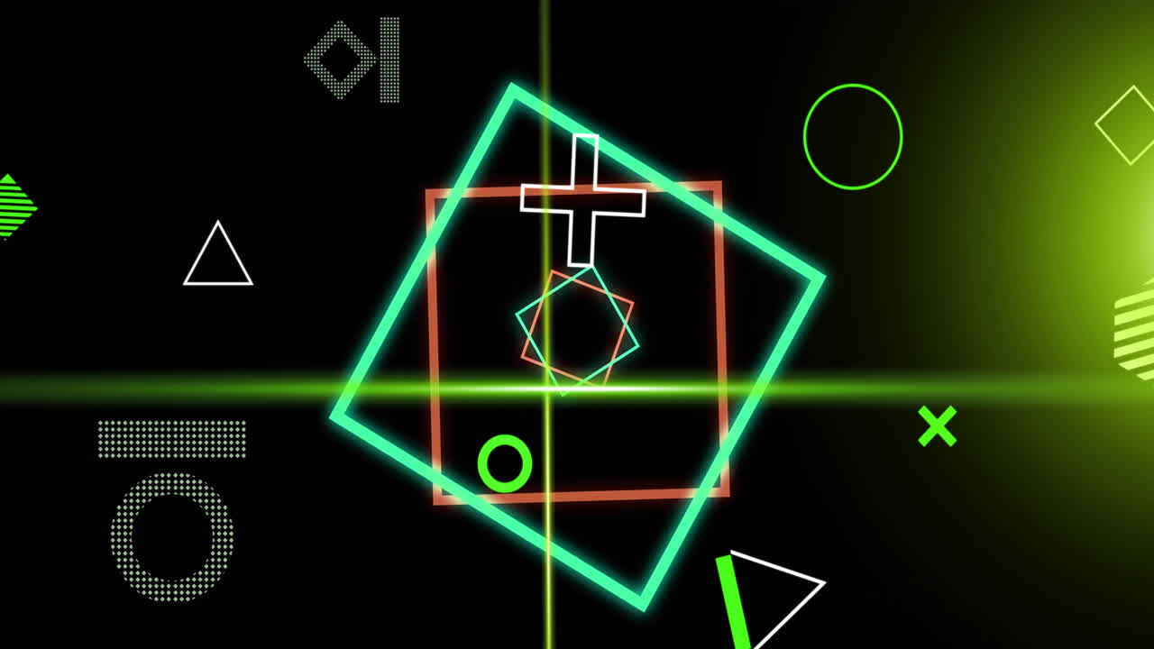 Animation of rotating green and red squares, shapes and green scanner beams on black background