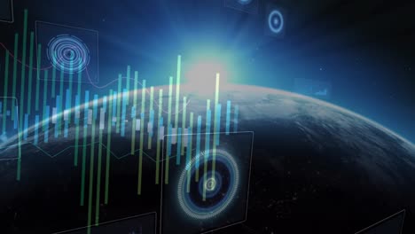 animation of financial data processing over globe on black background