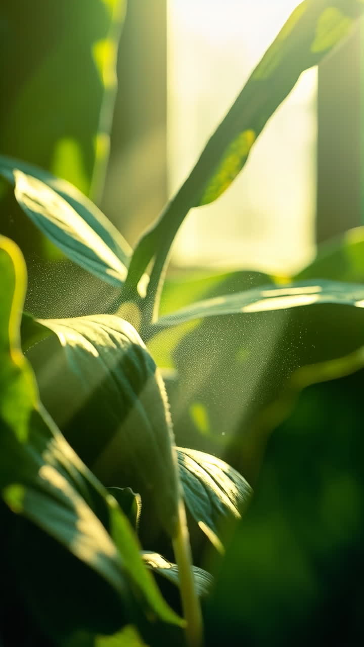 Sunlight filtering through green plant leaves with visible dust particles