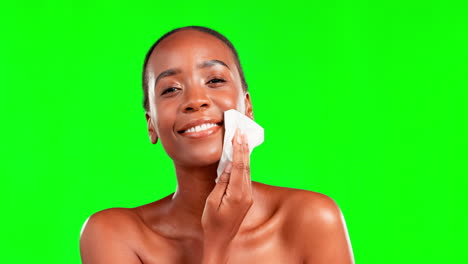 Black-woman,-wipe-to-remove-makeup-on-green-screen