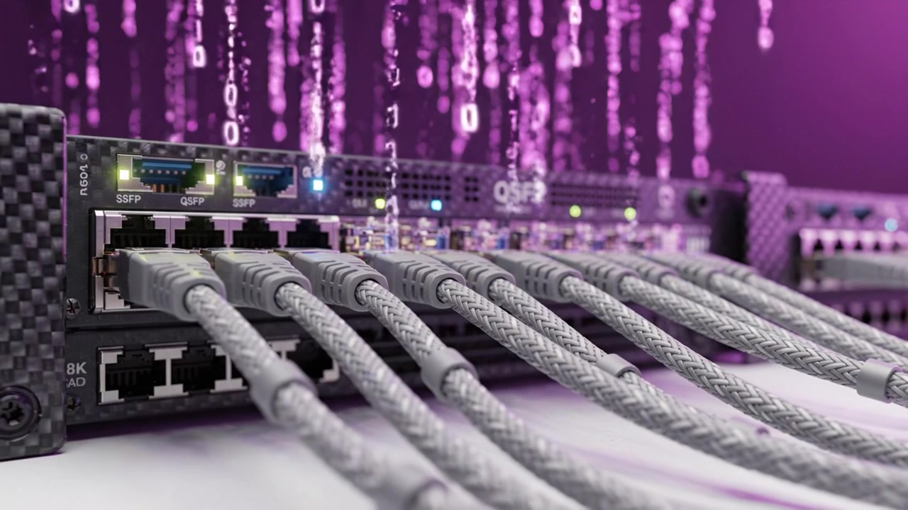 Højhastigheds datanetværksudstyr med avancerede QSFP-porte og kabler, forbedret af digitale visuals, ideelt til moderne telekommunikationsinfrastruktur.