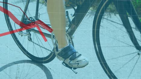 red graphs moving over grid lines against low section of woman cycling on the road