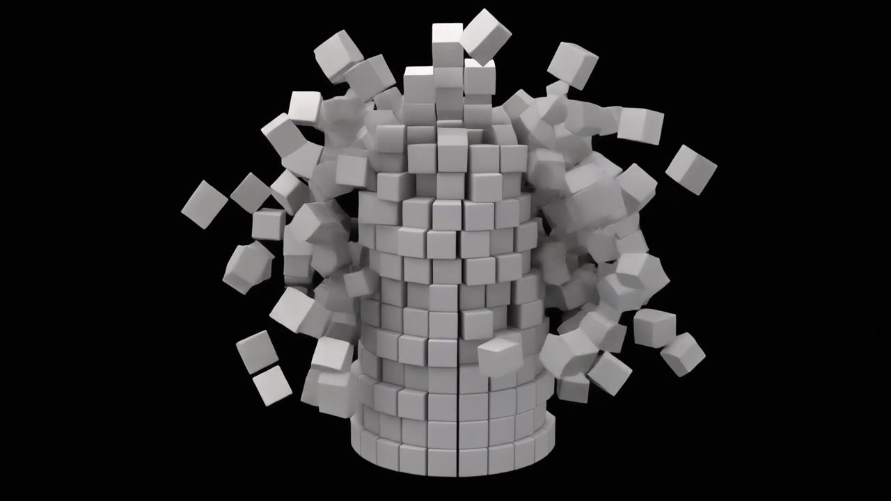 Abstrakt 3D-animation af hvide kuber, der eksploderer fra en cylinder