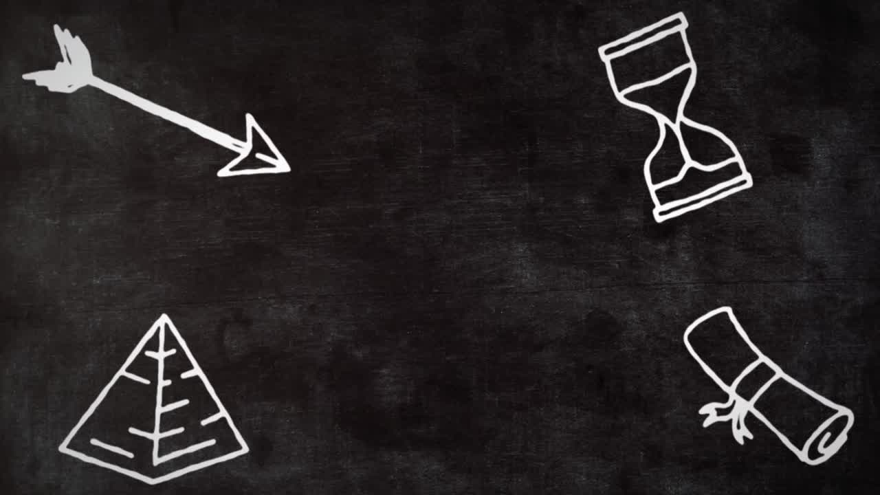 검은색 칠판 배경에 있는 복사 공간에 대한 여러 학교 개념 아이콘의 애니메이션