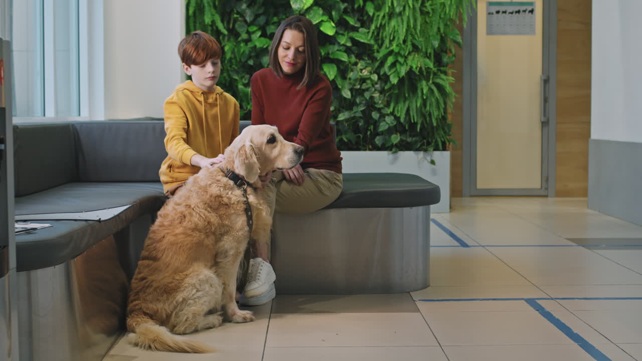 Mother And Son With Retriever At Vet Clinic
