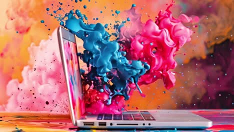 vibrant paint splashes bursting from a laptop screen