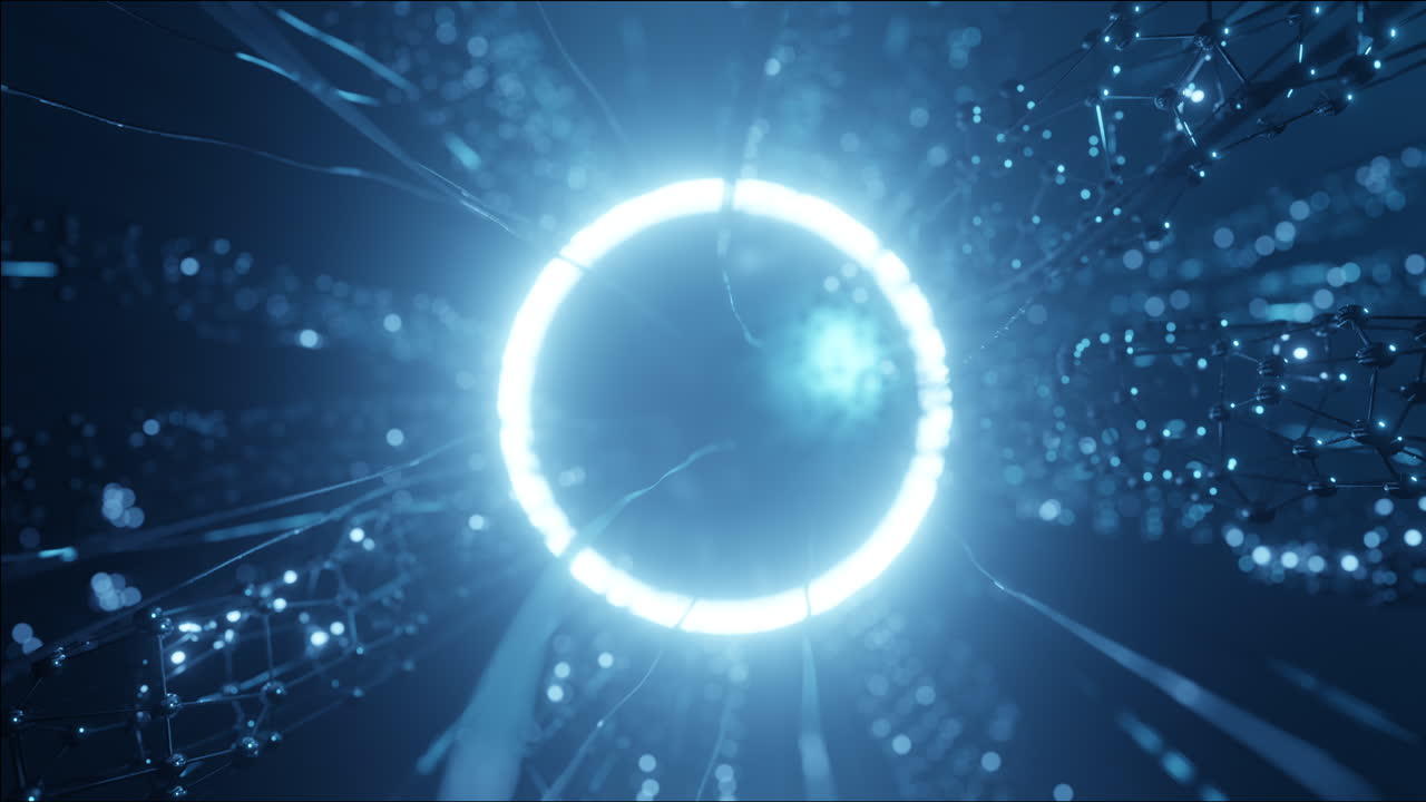 Glowing circle light moving in abstract motion on black background