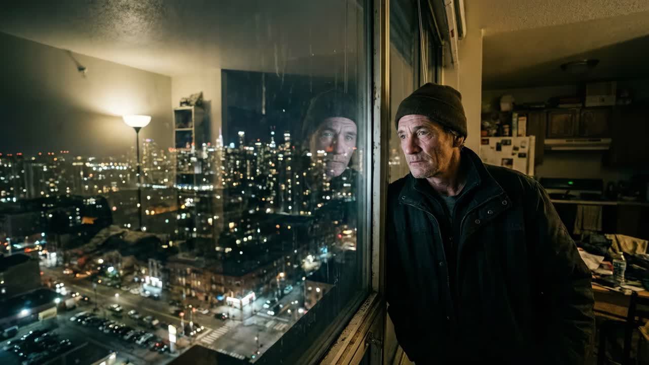 A Man Contemplating the City at Night