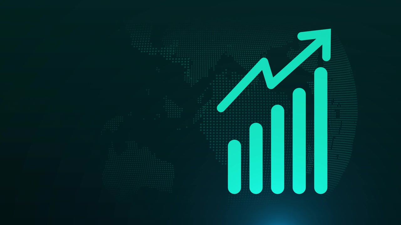 Animeret søjlediagram, der viser finansiel vækst over et globalt kort