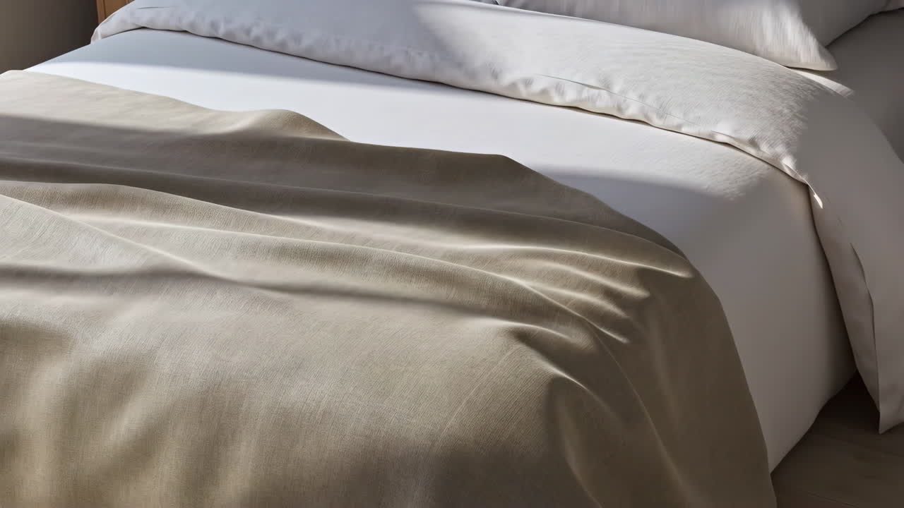 Interior Kamar Tidur Nyaman dengan Tempat Tidur Rapi, Selimut Krem, dan Seprai Putih