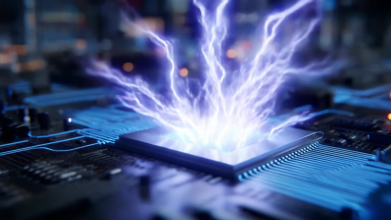 A captivating visual representation of a powerful energy burst emanating from a microprocessor, showcasing intricate electrical connections and vibrant arcs of light in a technological landscape