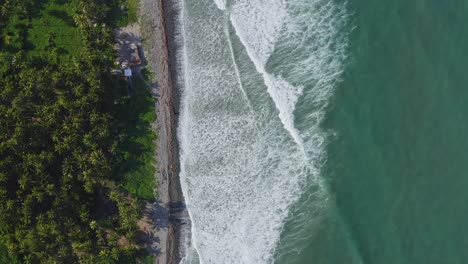 Aerial:-waves-breaking-and-whitewater-meeting-on-beautiful-tropical-beach-coastline,-top-down-view