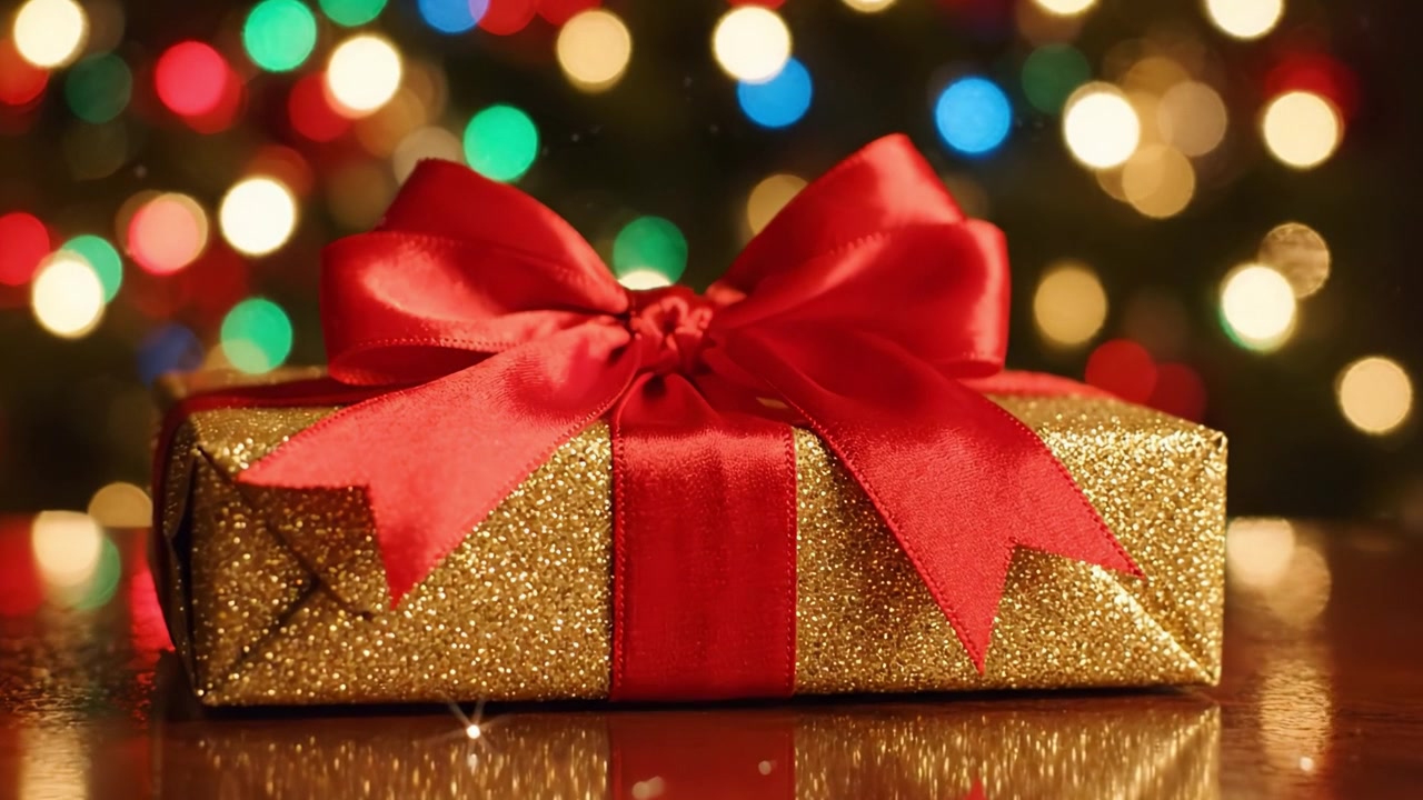 Una scatola regalo dorata splendidamente incartata, adornata con un vivace nastro rosso, posizionata elegantemente e circondata da un bokeh festivo di luci natalizie colorate, che simboleggia gioia e celebrazione