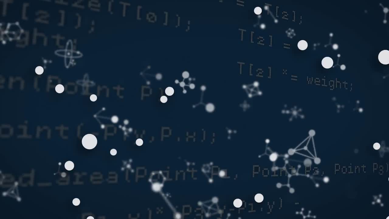 manchas blancas y estructuras moleculares flotando contra un fondo azul