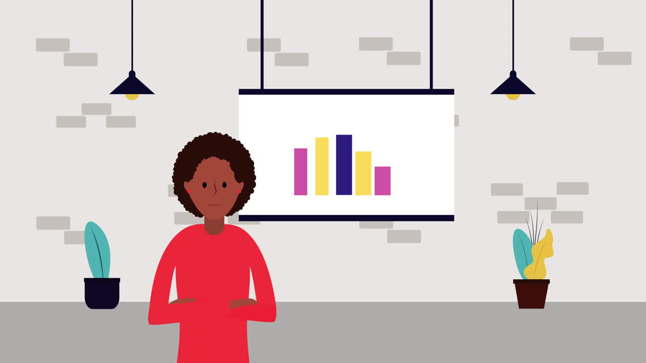 afro businesswoman with paperboard and statistics character