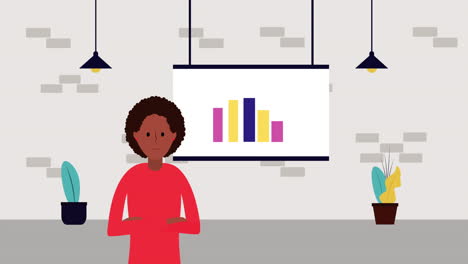 mujer de negocios afro con cartón y carácter estadístico