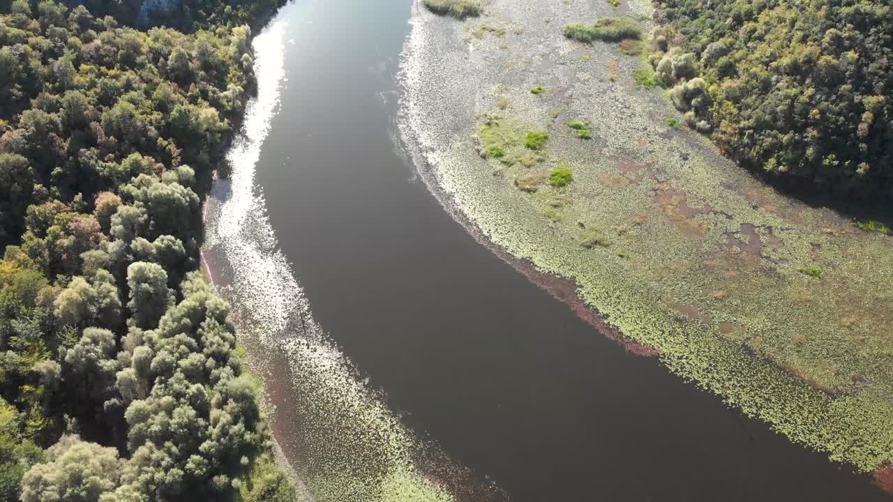 una vista aérea del lago skadar en montenegro en la curva del río durante un hermoso día soleado