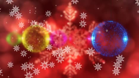 Animation-of-snow-falling-over-christmas-baubles-on-red-background