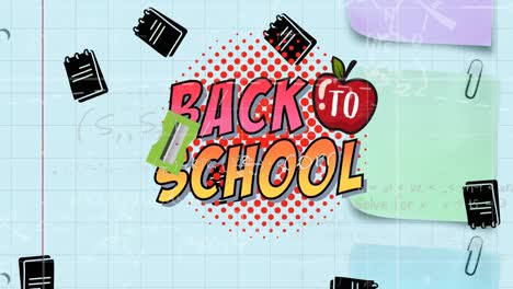 Animation-of-back-to-school-text-and-apple-over-abstract-pattern,-falling-notepads,-sharpener
