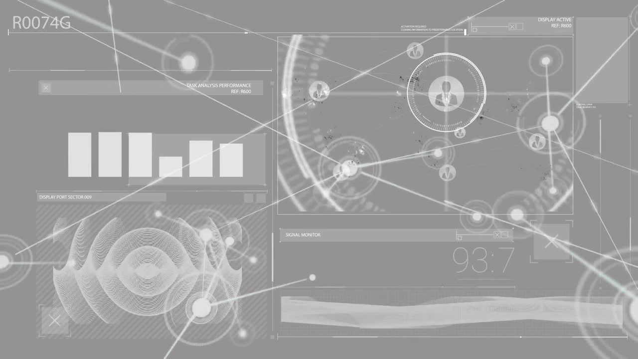 Animation of financial data processing over grey background