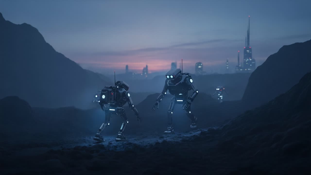 Exploring an Alien Landscape: Futuristic Robots Journey Through a Mystical Terrain Under a Twilight Sky with a Distant City Lit by Neon Lights