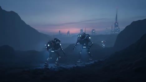 exploring an alien landscape: futuristic robots journey through a mystical terrain under a twilight sky with a distant city lit by neon lights