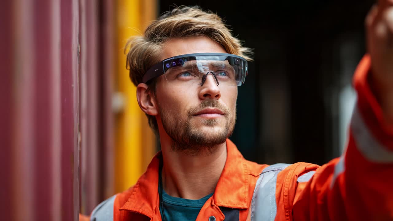 A Focused Man in Safety Gear Utilizing Smart Glasses for Enhanced Vision While Inspecting His Surroundings in an Industrial Setting, Showcasing Innovation and Technological Progress in Workplace Safety Practices