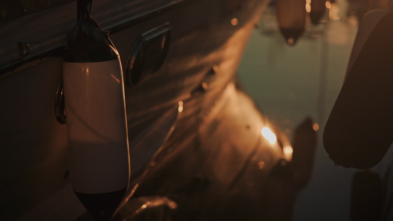 Detail of a hanging boat fender against a yacht hull, bathed in warm sunset light with reflections shimmering on the water