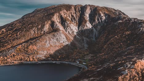 Aerial-view-of-the-nordic-landscape---mountain,-Beiar-fjord,-and-the-valley-near-the-Kjellingstraumen,-Norway