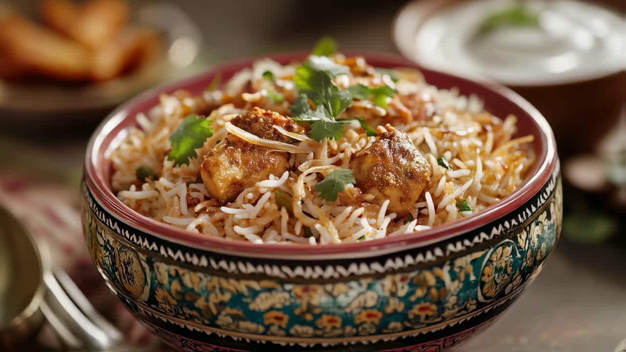 Aromatic chicken biryani, garnished with fresh coriander, sits steaming in an ornate bowl, accompanied by naan bread and raita
