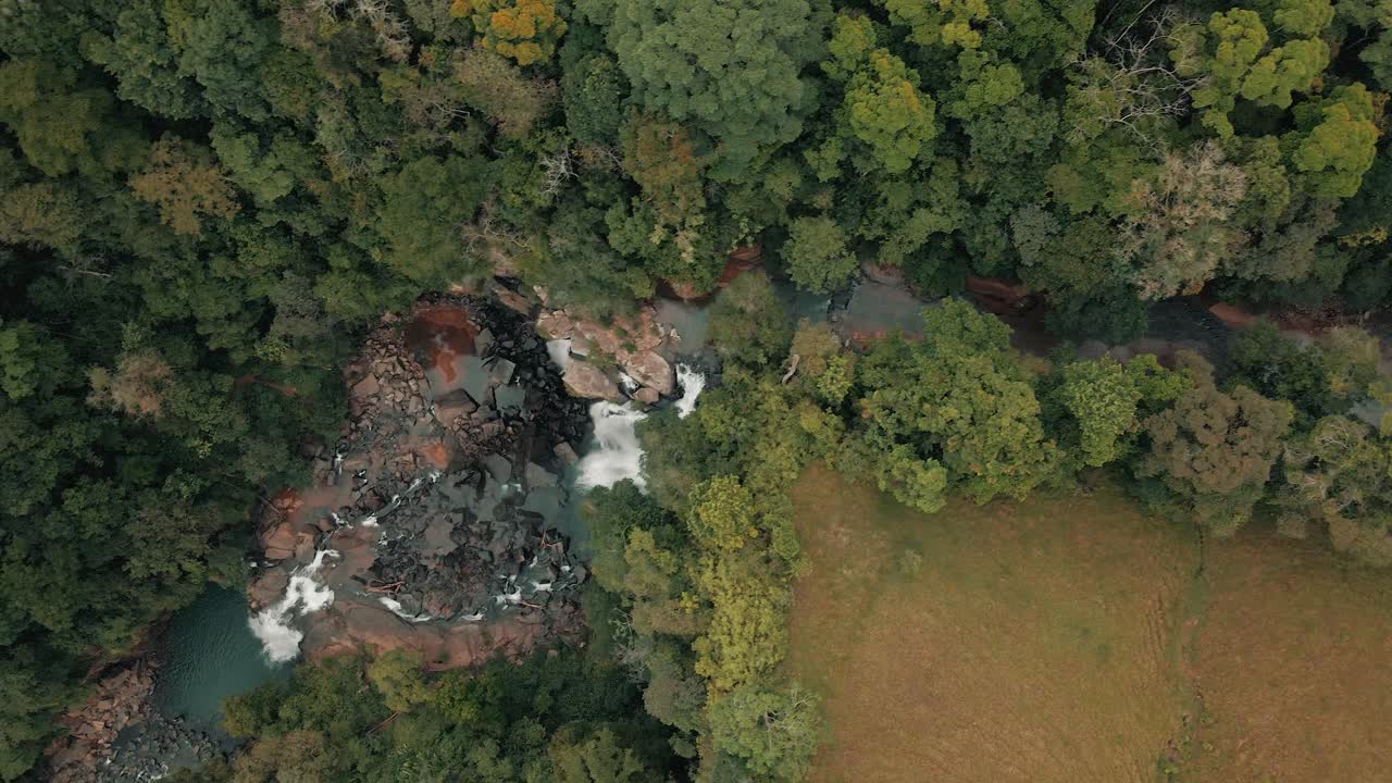 corriente de río que fluye hacia abajo en las cascadas de nauyaca en montañas de bosque denso en costa rica