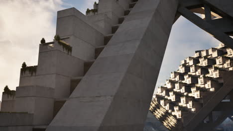 futuristic concrete building with green roofs