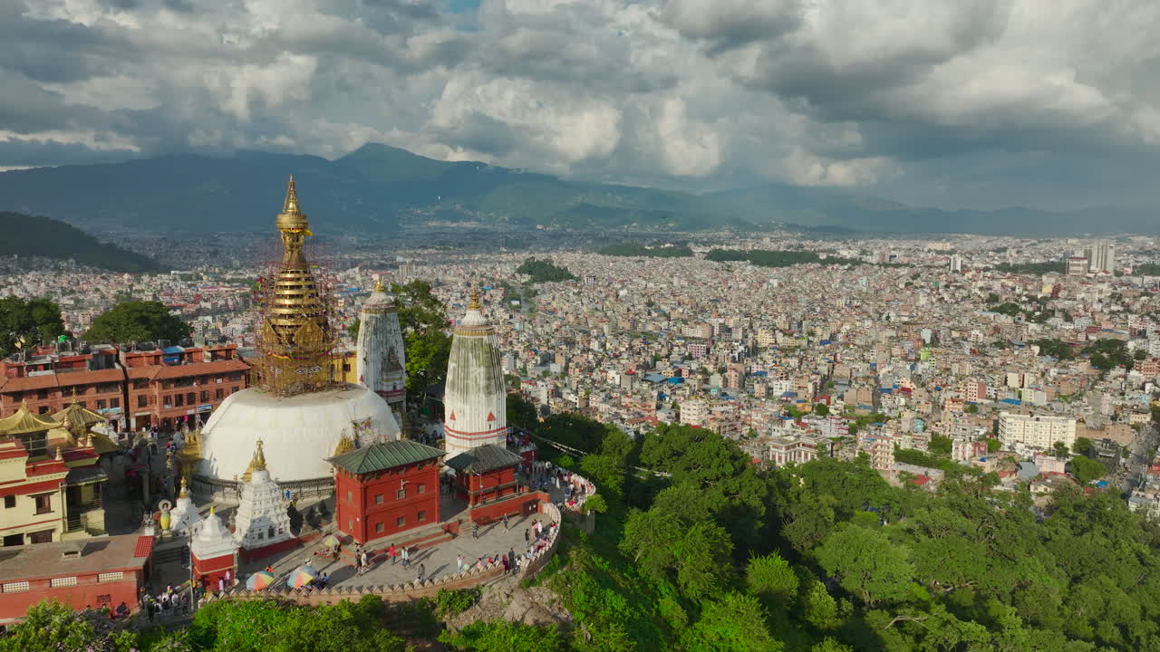 Kathmandu Nepal UNESCO World Heritage Site, Swayambhu Stupa Kathmandu Nepal Drone Shot