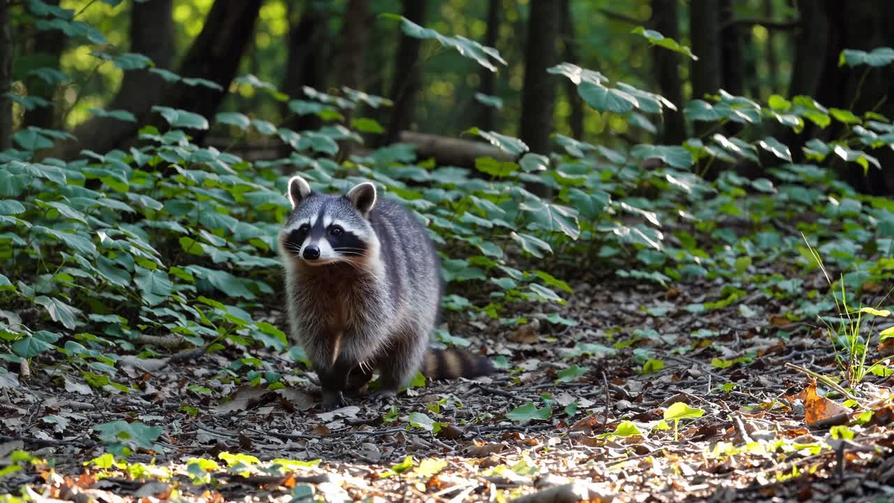 A raccoon walks through a sunlit forest, captured at eye level