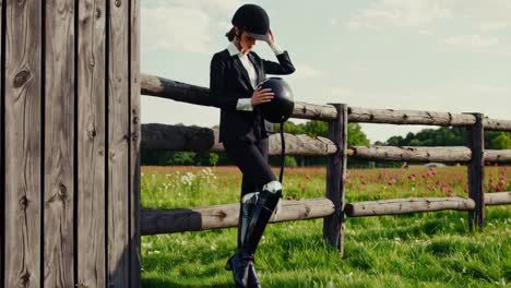 woman in riding attire near a wooden fence