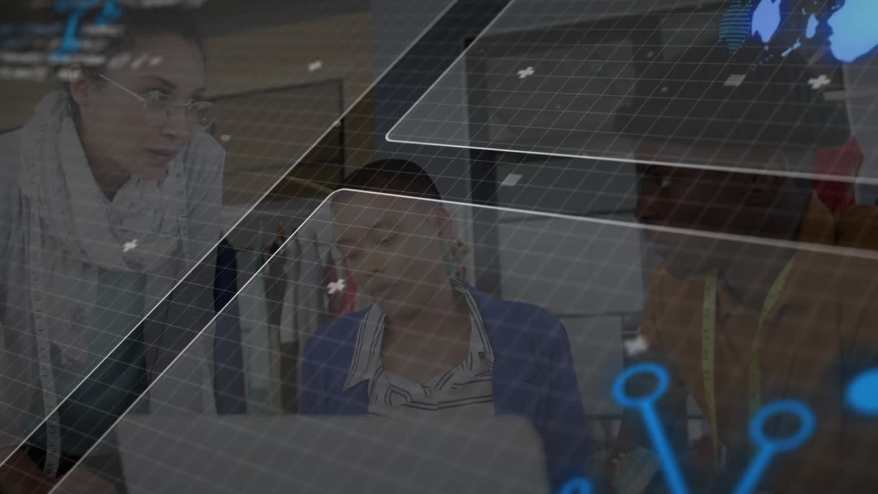 Tech colleagues scrolling laptop data activating digital grid with rotating map to align insights