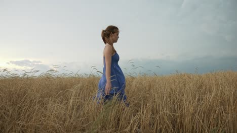 a young woman wearing a blue dress walking in a wheat field under storm clouds in summer.
