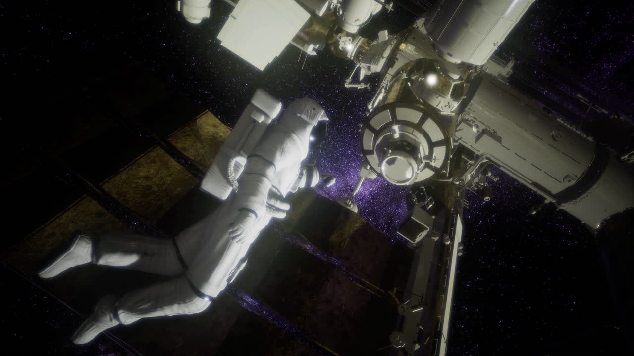 Astronaut conducts space exploration outside a space station in outer space